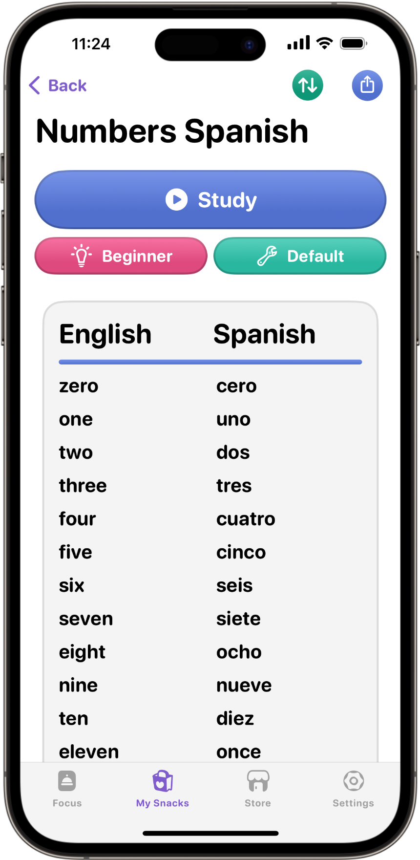 iPhone 14 Pro showing a list called Numbers Spanish, with two columns, one for numbers one-eleven in english, one for their translation into spanish.